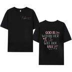 230g Washed Cotton T-Shirt - Dual-Sided Inspirational Design "GOD IS WITHIN HER SHE WILL NOT FALL" & Psalm 46:5, Retro Vintage Loose Fit Unisex Top for Men & Women, Spring Summer Casual Wear Streetwear Tees