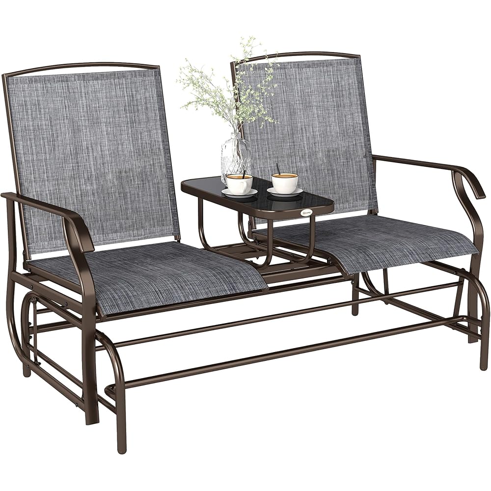 Outsunny Outdoor Glider Bench with Center Mesh Table (Gray)