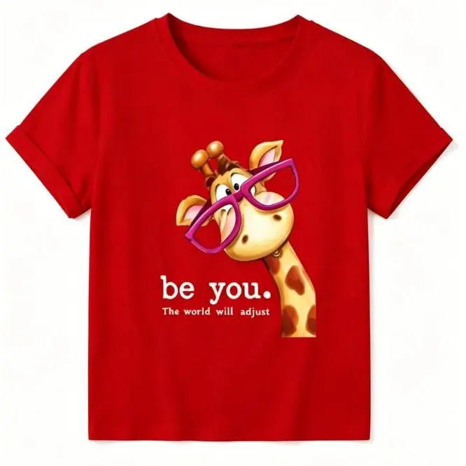 Lady's Unisex Everyday Shortleeve T-Shirt - Cartoon Giraffe with Exaggerated Pink Frame Glasses Print, Crew Neck, Versatile Vintage Fabric Top for Commute, Vacation (Spring/Summer/Fall) #SummerVibes Womenswear, Shortsleeve