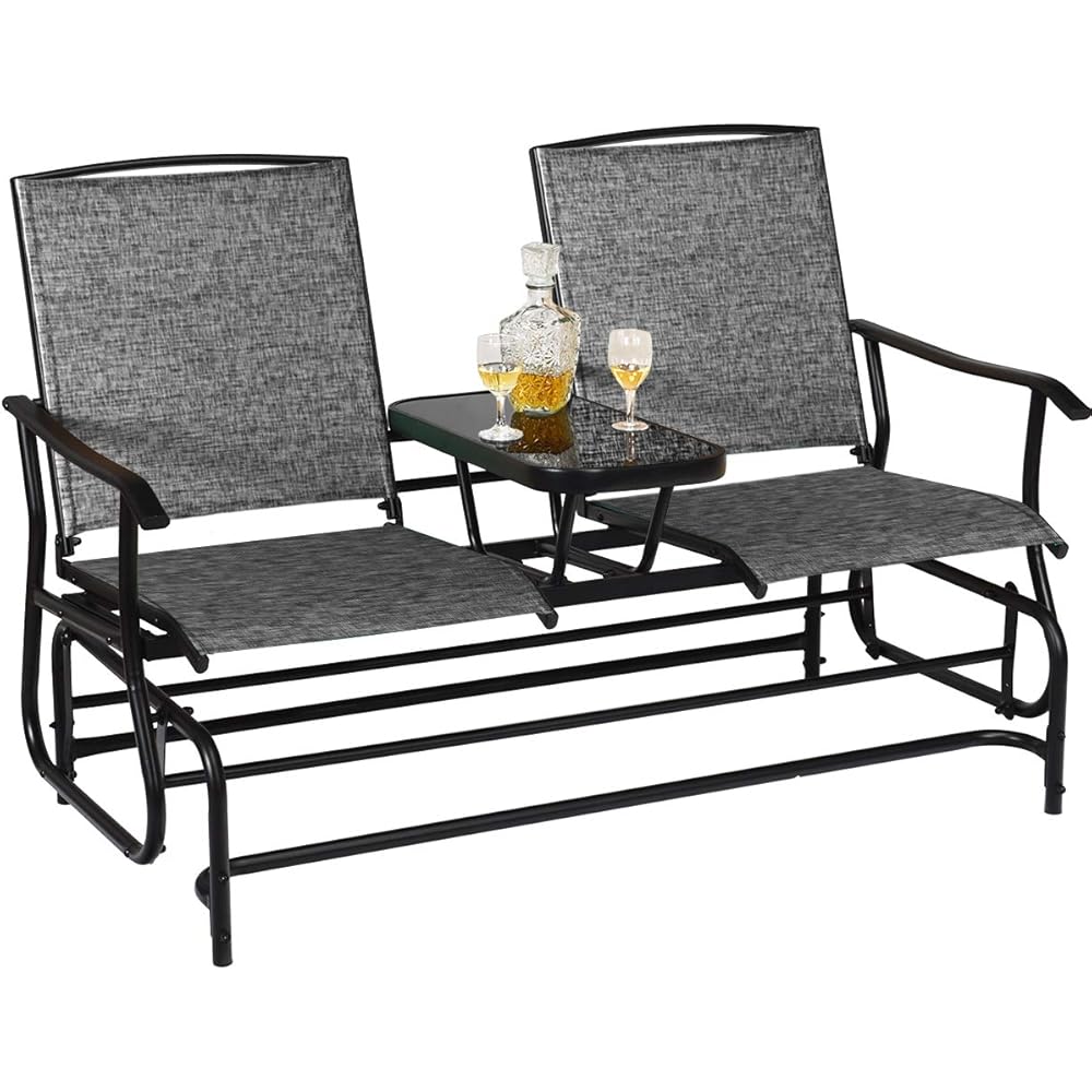 Giantex 2-Person Patio Glider Bench with Center Glass Table