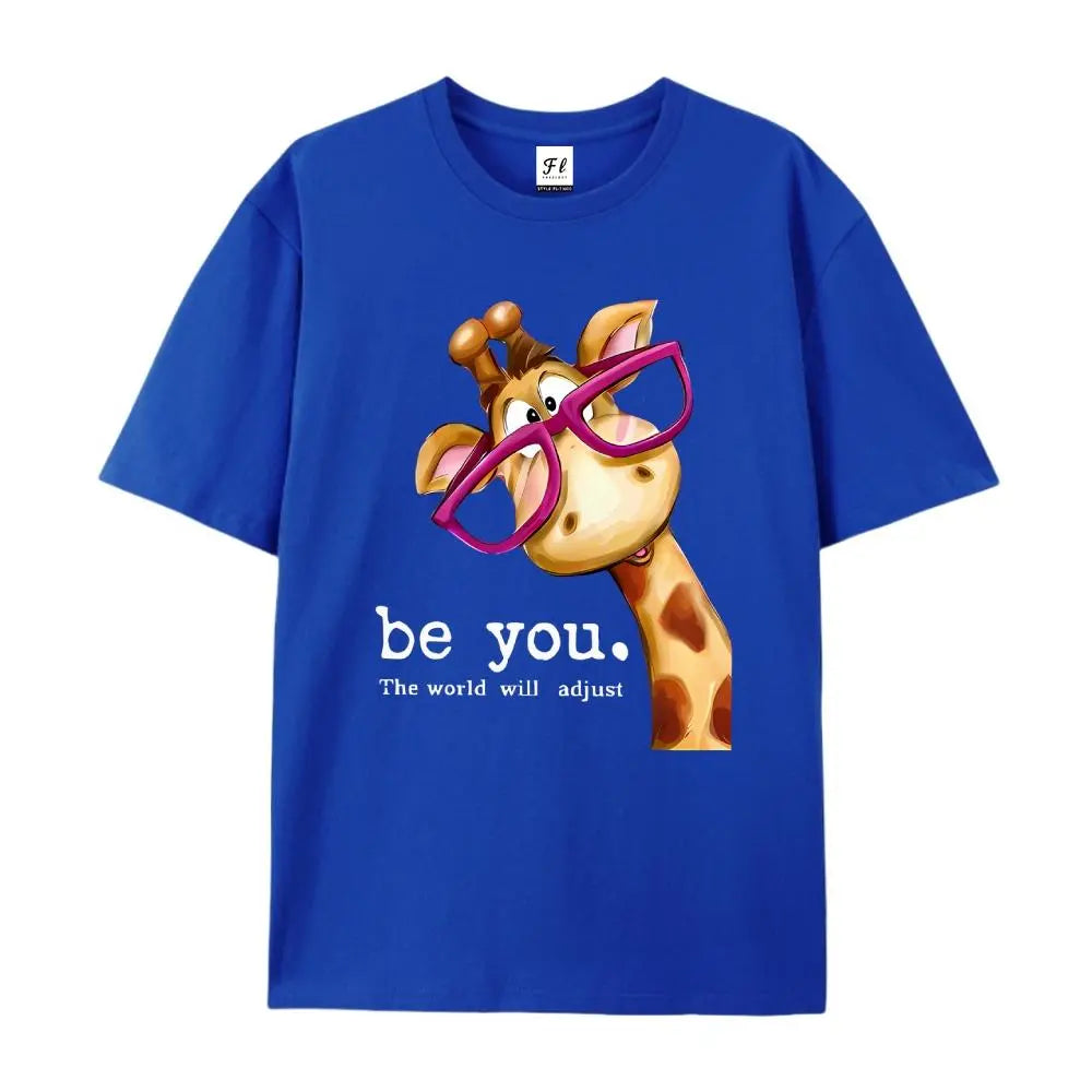 Lady's Unisex Everyday Shortleeve T-Shirt - Cartoon Giraffe with Exaggerated Pink Frame Glasses Print, Crew Neck, Versatile Vintage Fabric Top for Commute, Vacation (Spring/Summer/Fall) #SummerVibes Womenswear, Shortsleeve